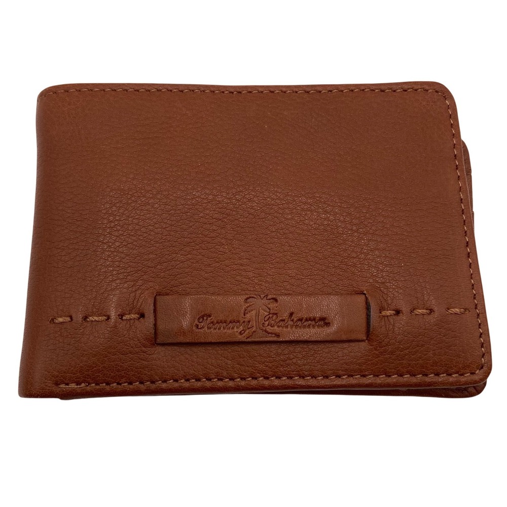 Tommy Bahama Brown Leather Bifold Wallet Pebbled Slim Card Holder Mens